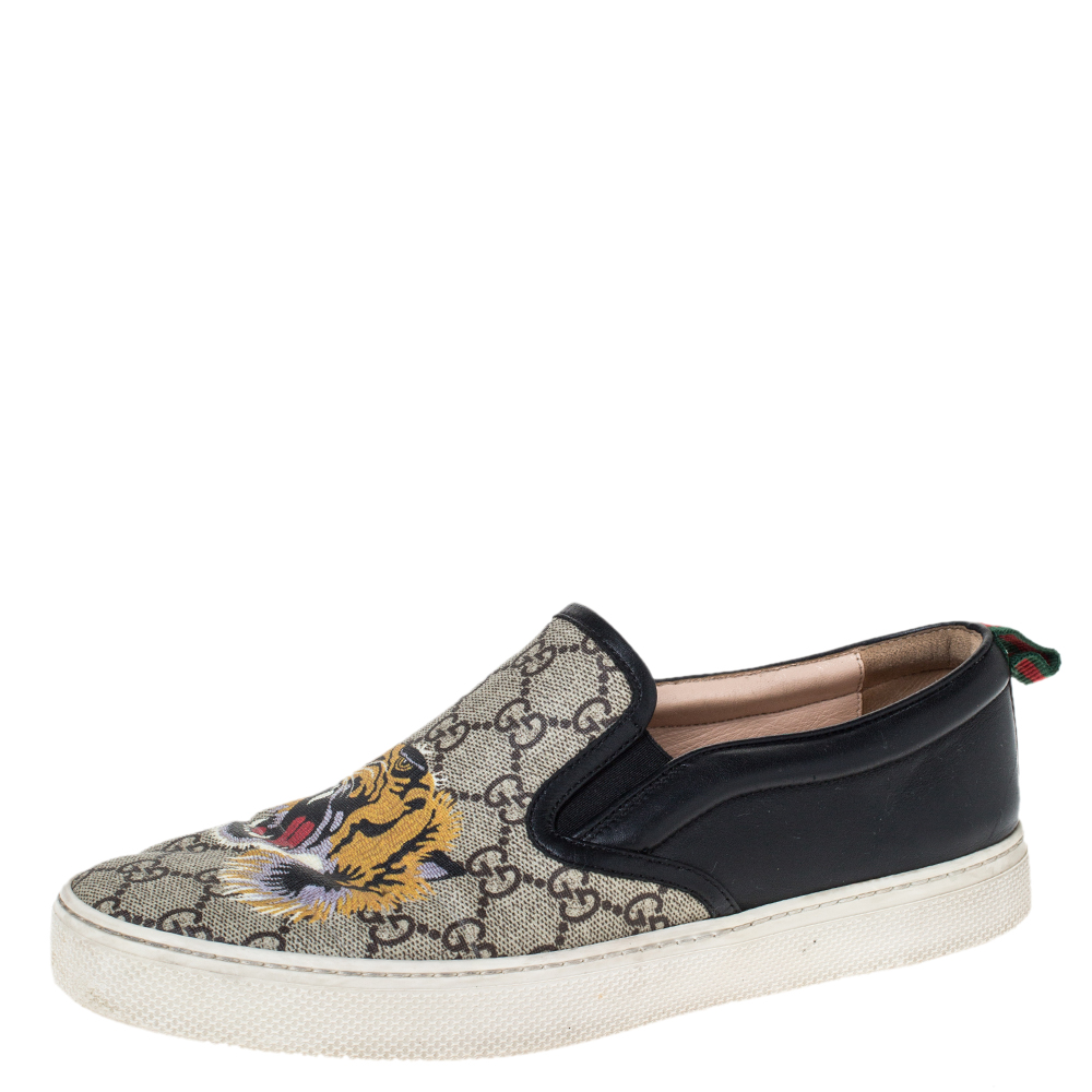 tack Intiem Uitgebreid Gucci Black/Beige GG Supreme Canvas And Leather Tiger Slip On Sneakers Size  41.5 Gucci | TLC