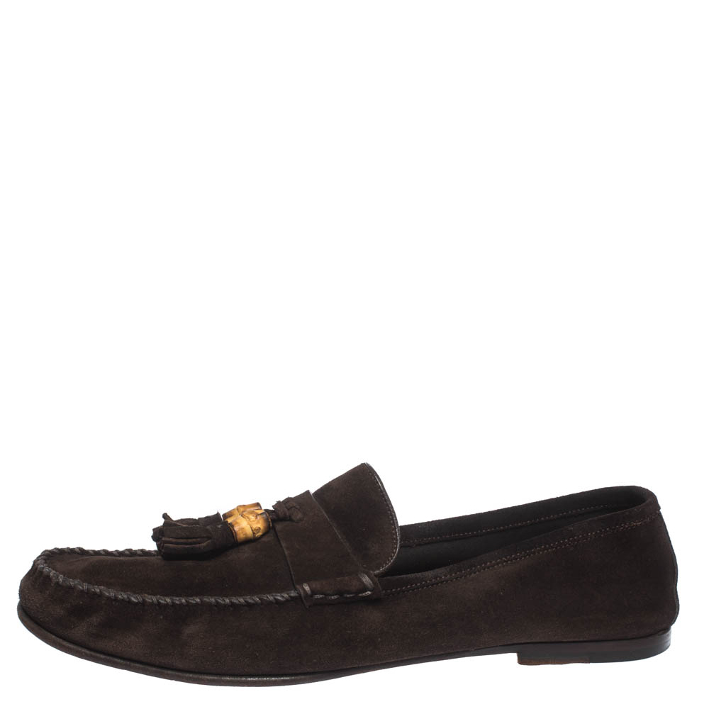 

Gucci Brown Suede Leather Bamboo Tassel Slip On Loafers Size