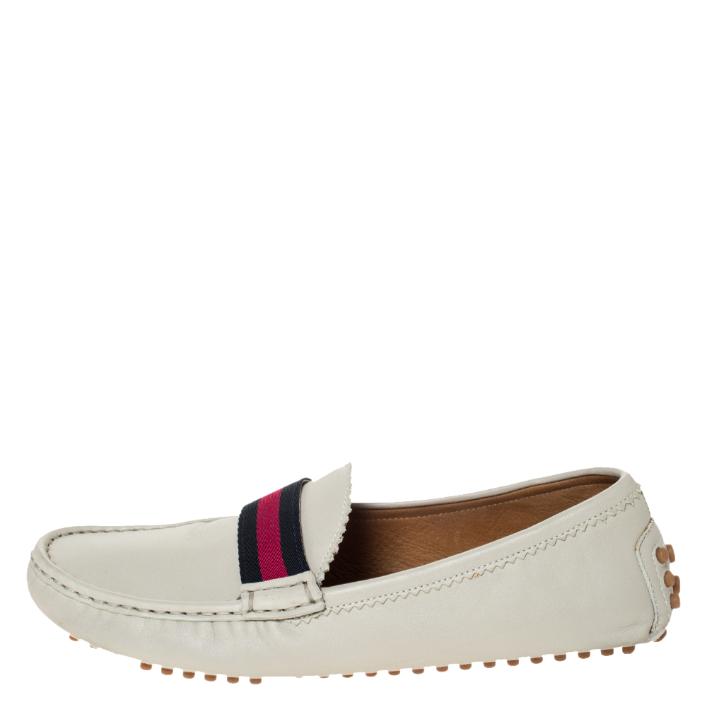 

Gucci Cream Leather Web Trim Loafers Size