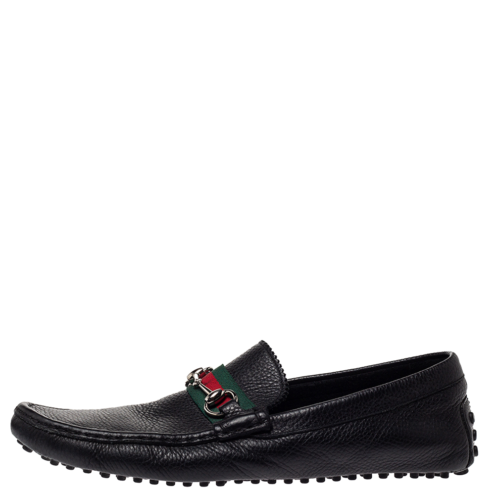 

500 By Gucci Black Leather Horsebit Web Detail Driver Loafers Size