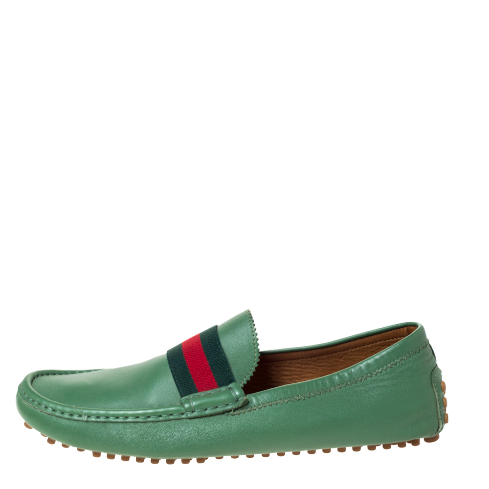 

Gucci Green Leather Web Trim Loafers Size