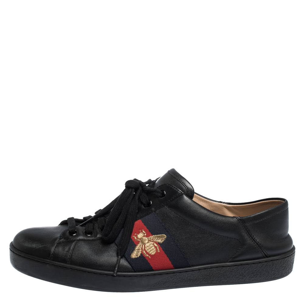 

Gucci Black Leather Ace Web Bee Low Top Lace Up Sneakers Size