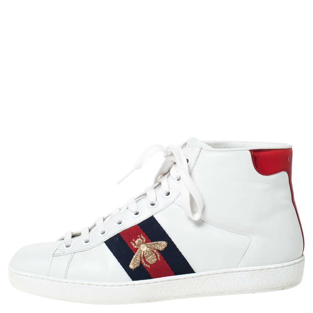 

Gucci White Leather Ace Web Bee High Top Sneakers Size