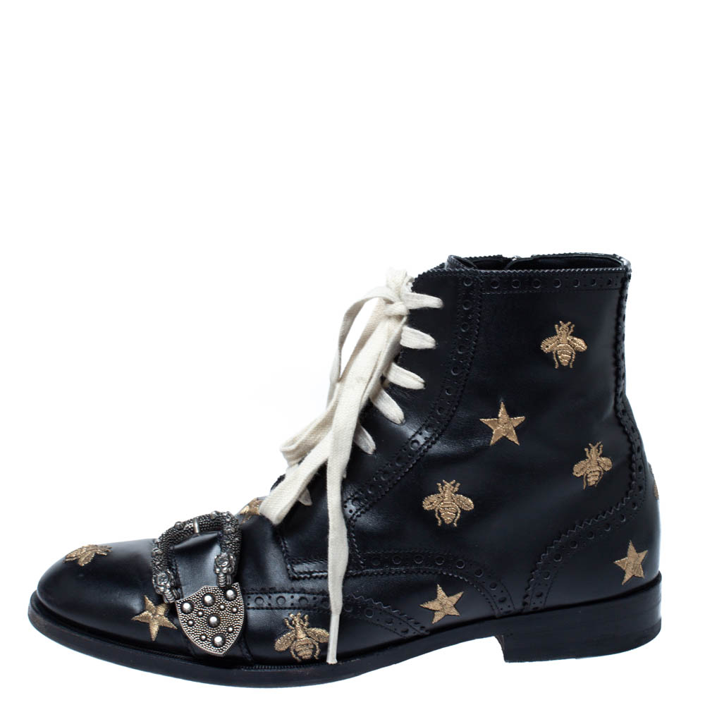 

Gucci Black Leather Dionysus Bee Buckle Ankle Boots Size