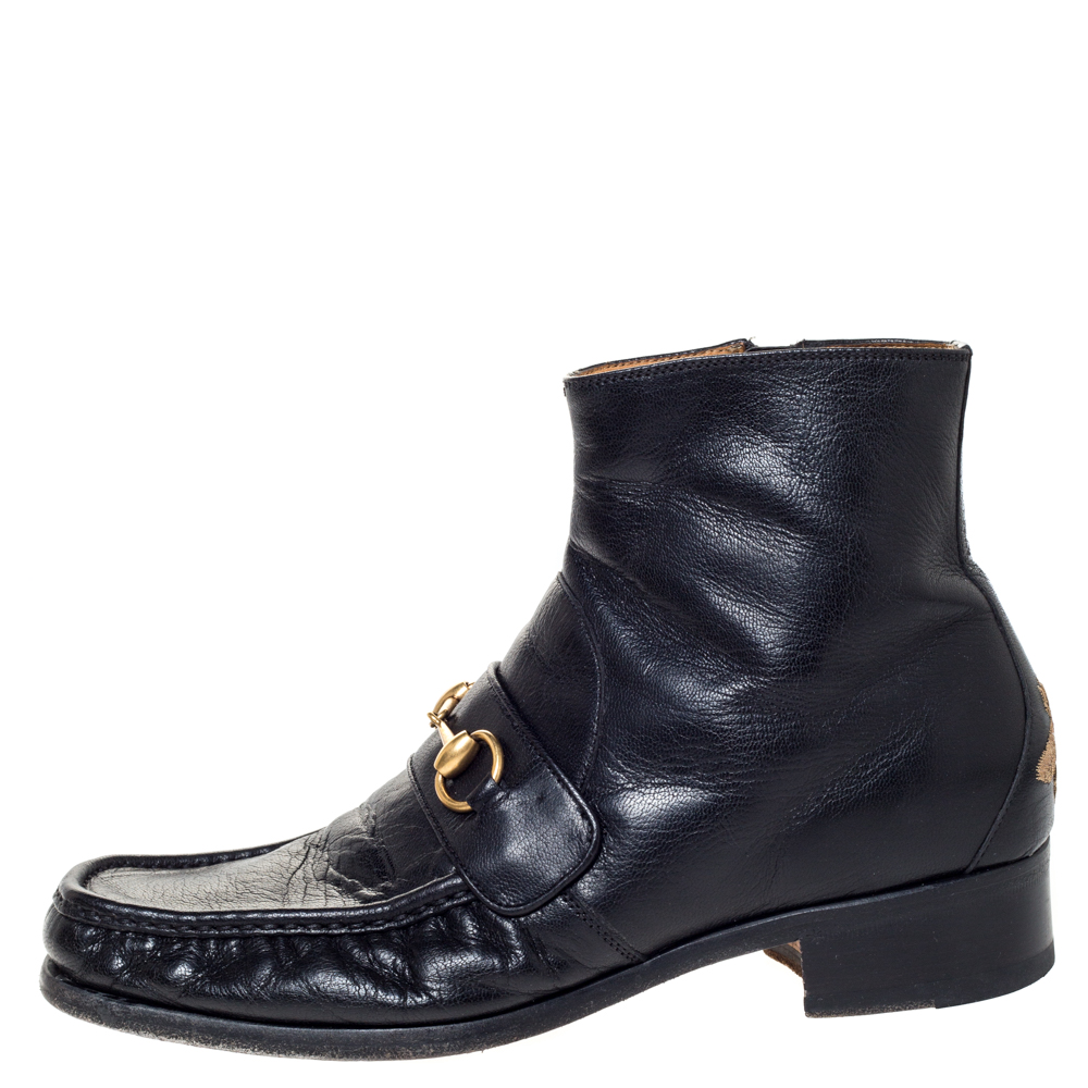 

Gucci Black Leather Bee Embroidered Horse-bit Vegas Ankle Boots Size