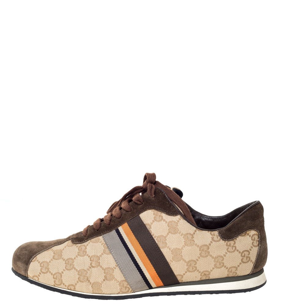 

Gucci Beige GG Monogram Canvas and Brown Suede Web Lace Up Sneakers Size