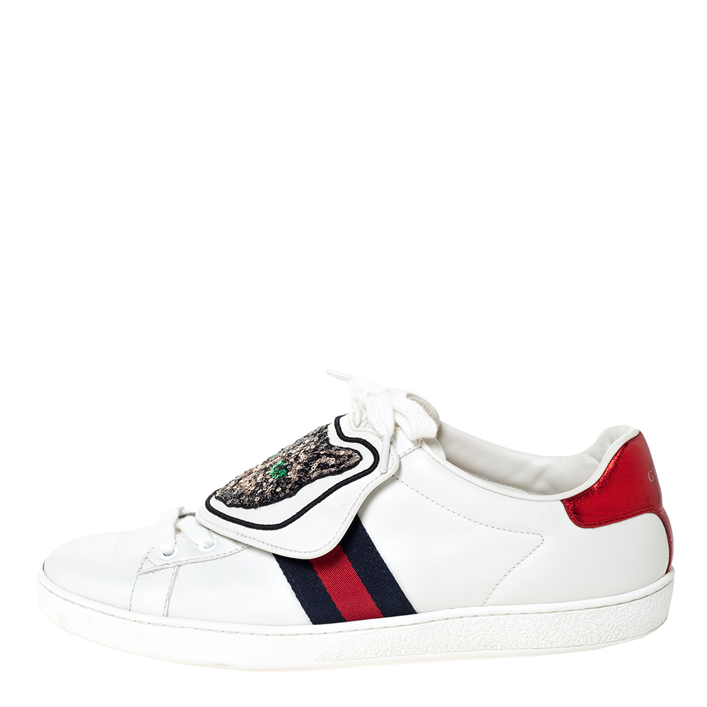 

Gucci White Leather Ace Web Low Top Sneakers with Removable Patch Size