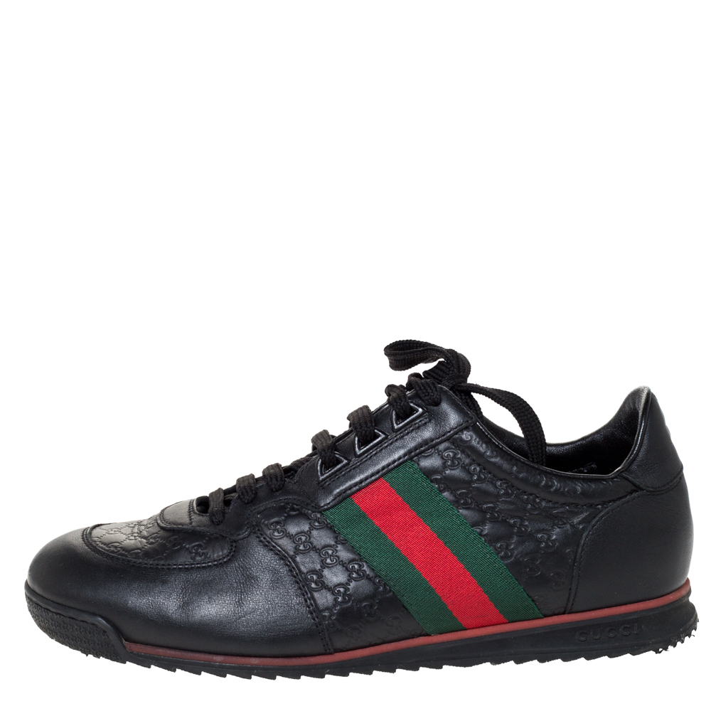 

Gucci Black Microguccissima Leather Web Low Top Sneakers Size