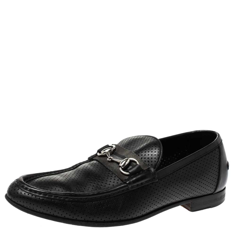 

Gucci Black Perforated Leather Horsebit Slip On Loafers Size 45