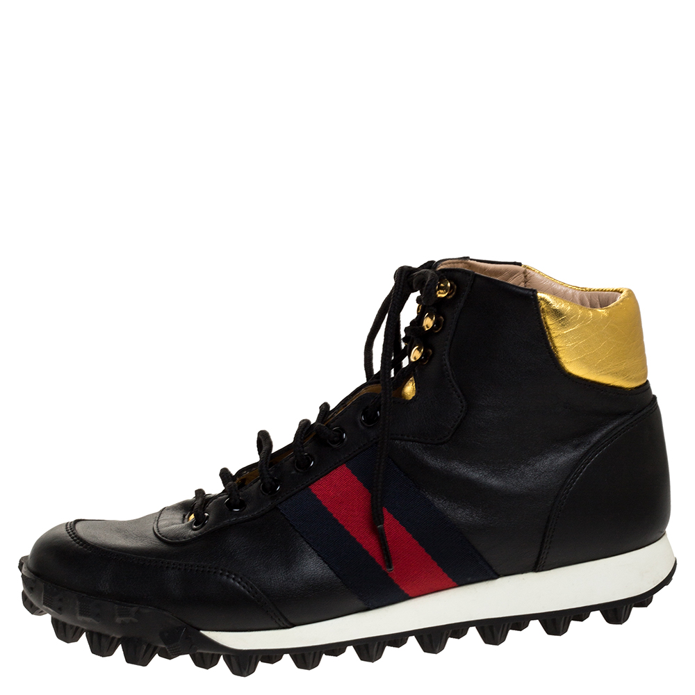

Gucci Black Leather Web Detail High Top Sneakers Size