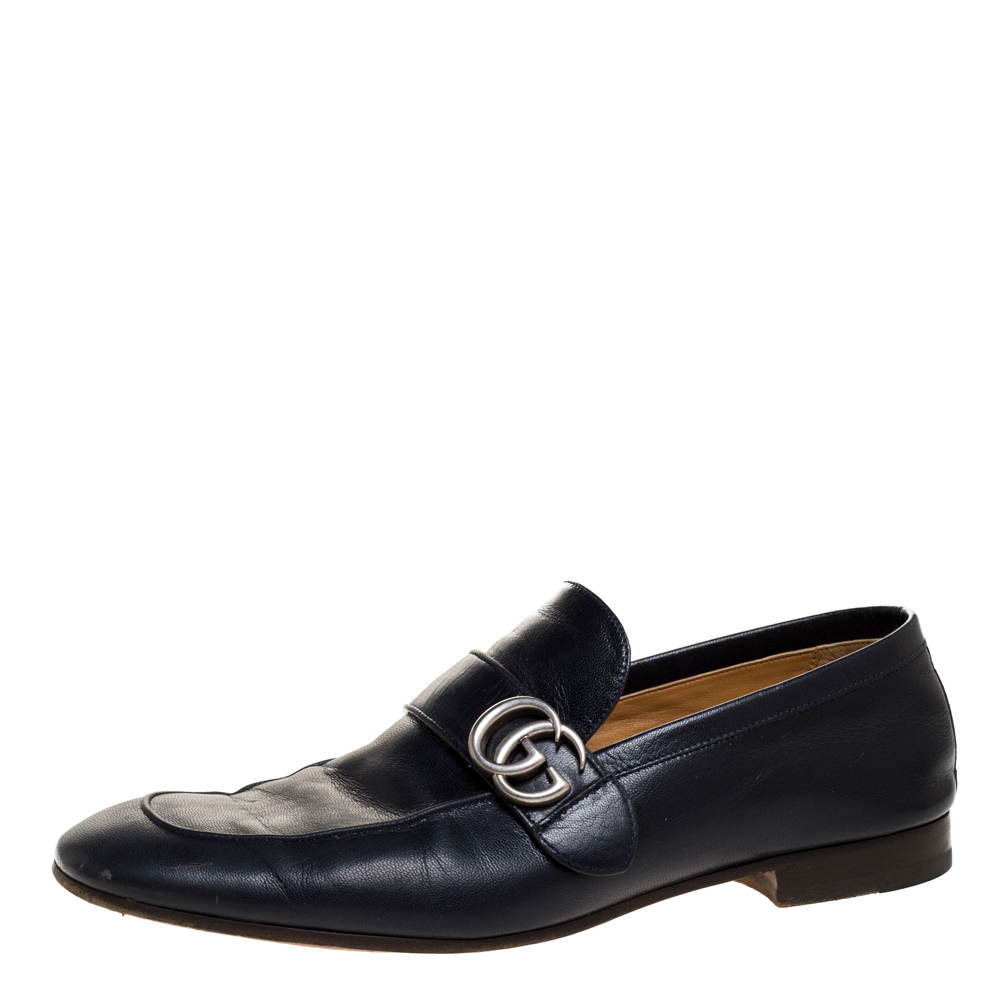 Pre Owned حذاء لوفرز غوتشى سليب أون شعار جى جى جلد أزرق مقاس 45