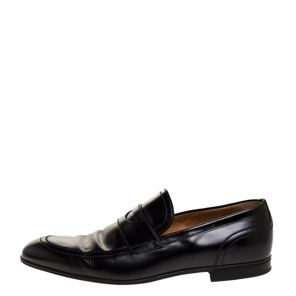 

Gucci Black Leather Web Penny Loafers Size