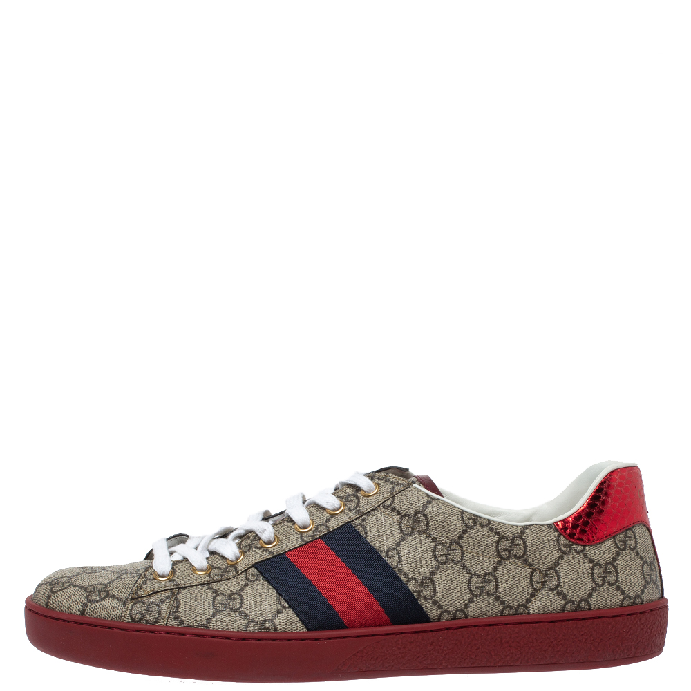 

Gucci Red/Beige GG Supreme Canvas Ace Low Top Sneakers Size
