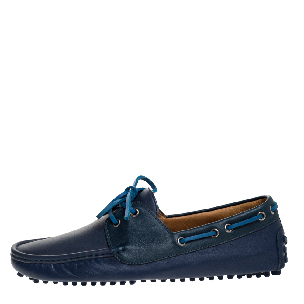 

Gucci Blue Leather Boat Bow Slip On Loafers Size