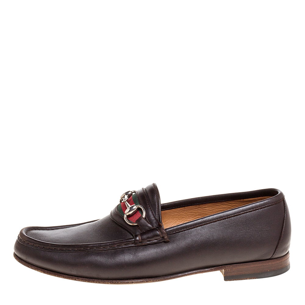 

Gucci Dark Brown Leather Web Horsebit Loafers Size