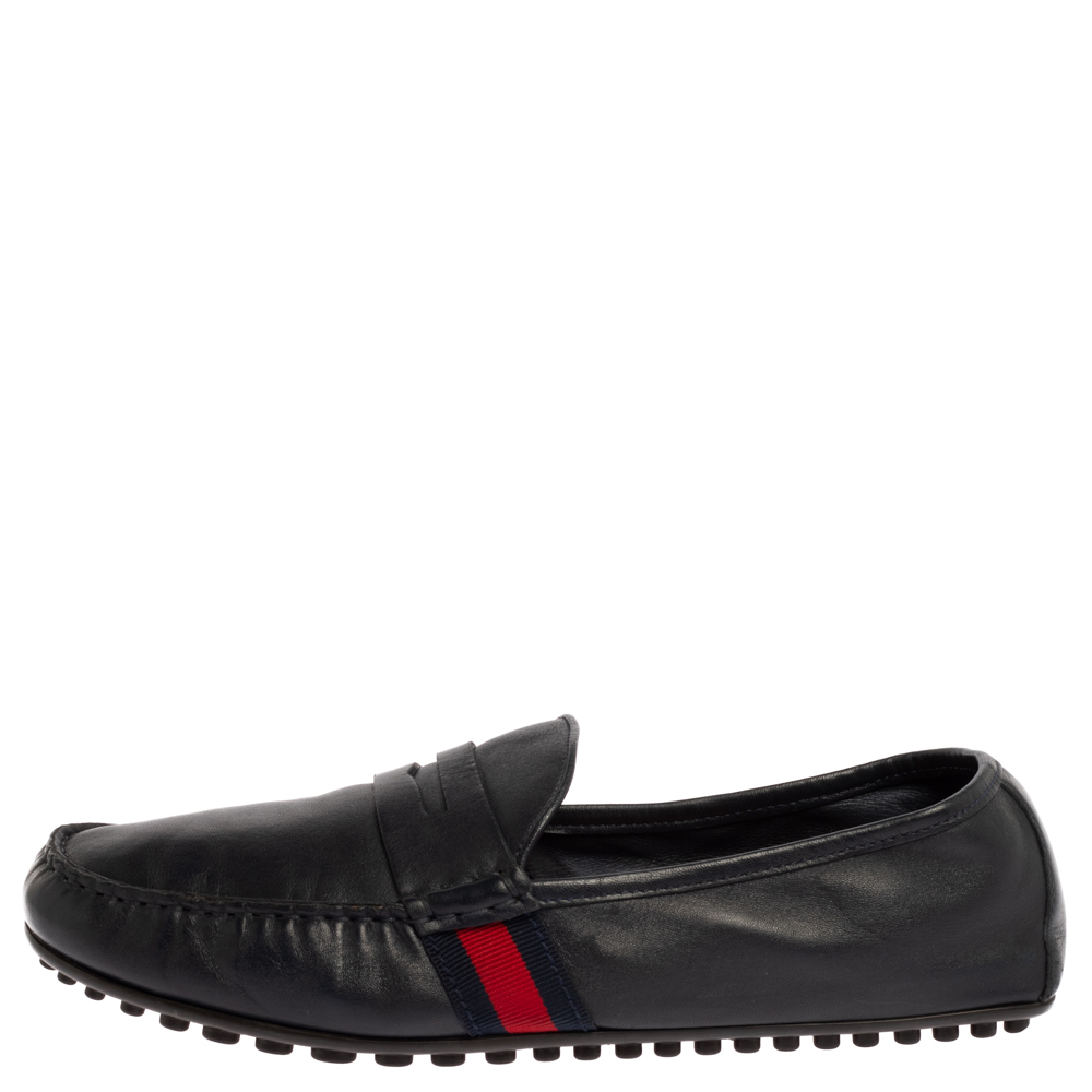 

Gucci Dark Blue Leather Web Penny Loafers Size