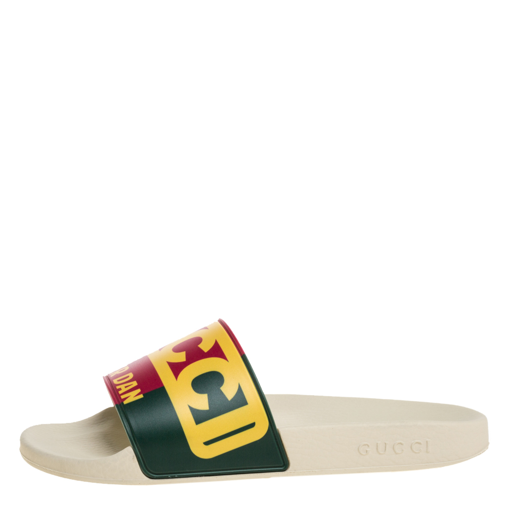 

Gucci Multicolor Web Logo Print Rubber Dapper Dan Slip On Slides Size