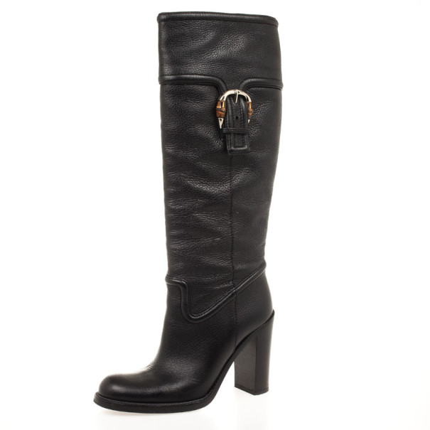 Pre Owned Gucci Black Leather Bamboo Classic High Knee Length Boots Size 38.5