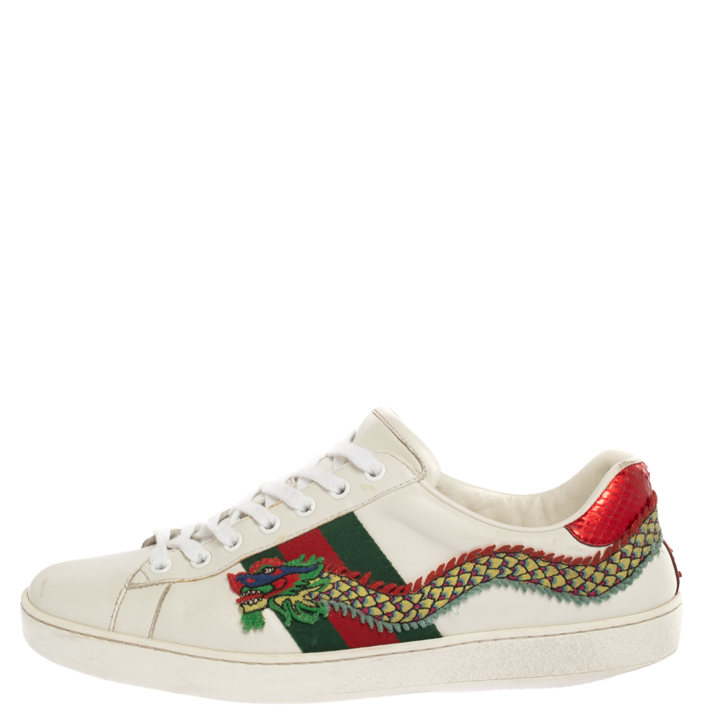 

Gucci White Leather Ace Dragon Embroidered Low Top Sneakers Size