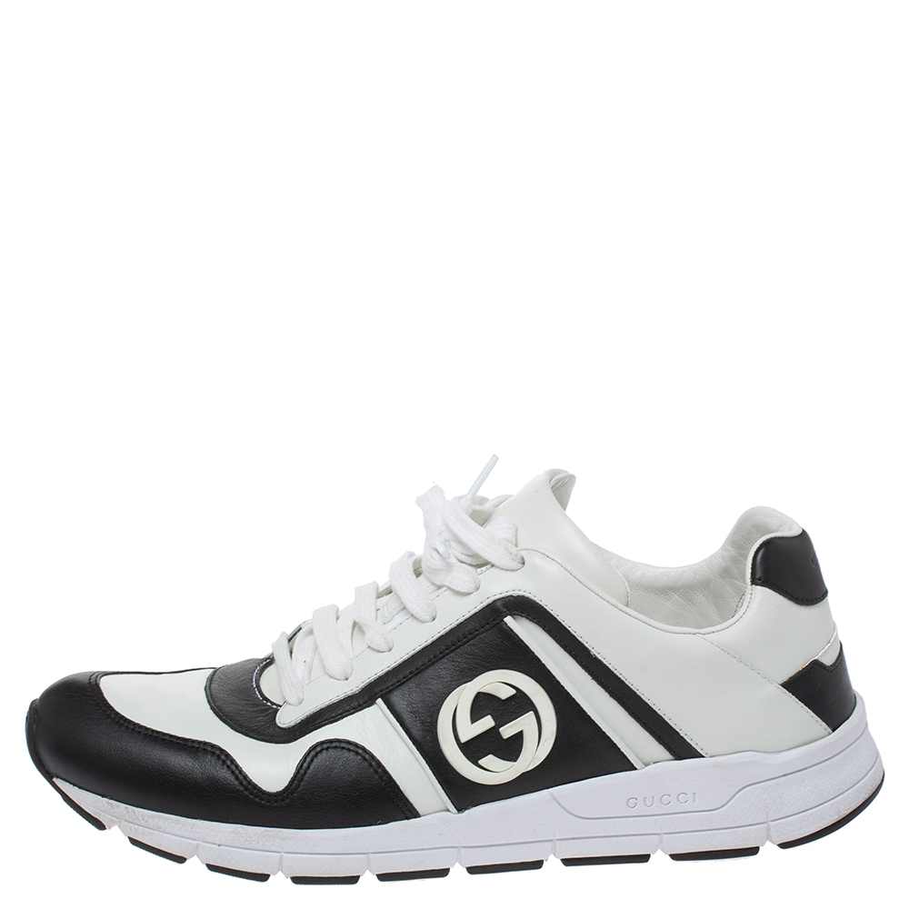 

Gucci Black/White Leather Interlocking GG Lace Up Low Top Sneakers Size