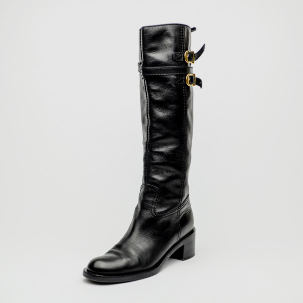 Pre Owned Gucci Black Leather Knee Length Boots Size 38