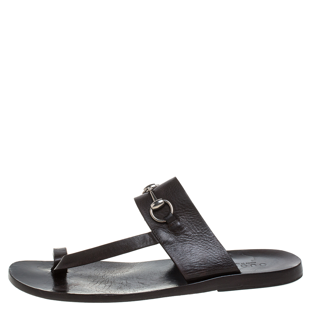 

Gucci Brown Leather Horsebit Toe Ring Thong Slide Sandals Size