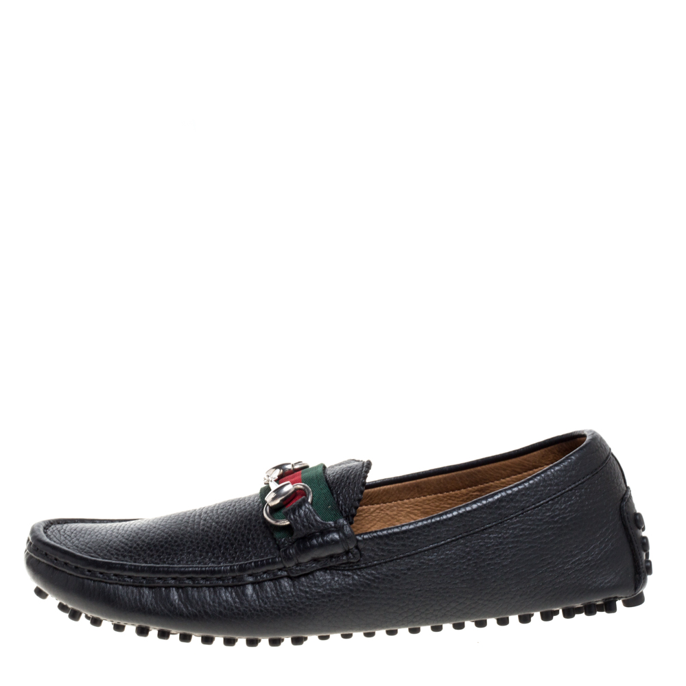 

Gucci Black Leather Horsebit Web Detail Driver Loafers Size