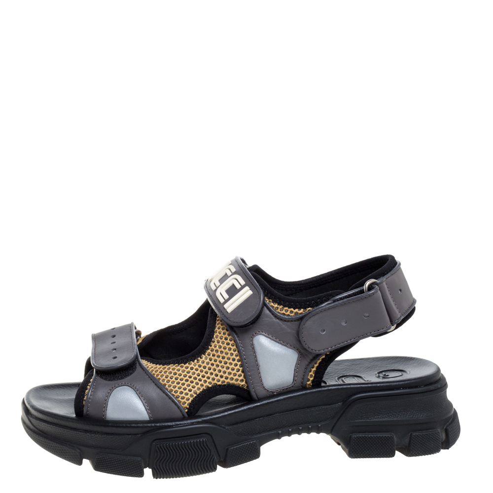 

Gucci Grey Leather and Mesh Logo Sandals Size