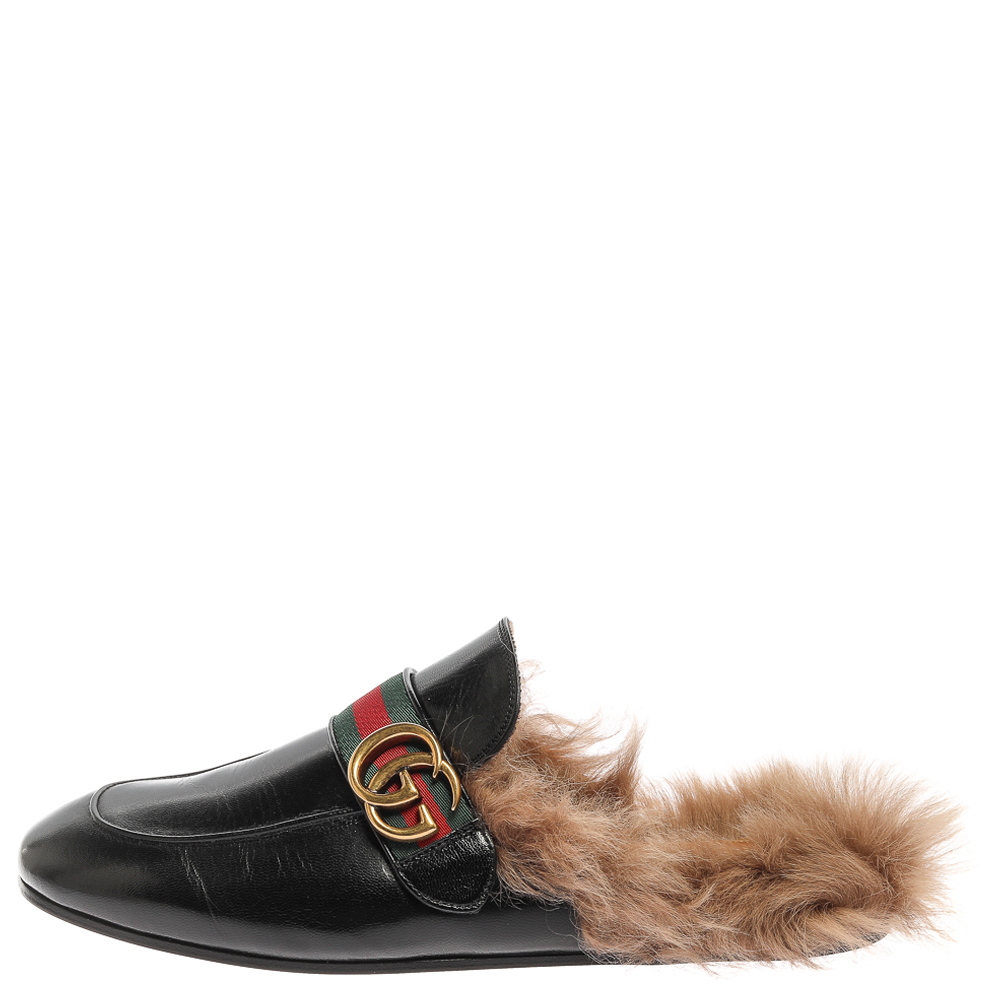 

Gucci Black Leather and Fur Lined GG Web Princetown Mules Size