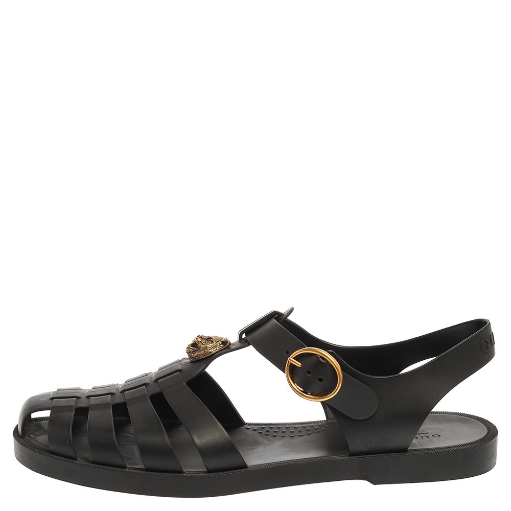 

Gucci Black Rubber Marmont And Tiger Embellished Buckle Strap Sandals Size