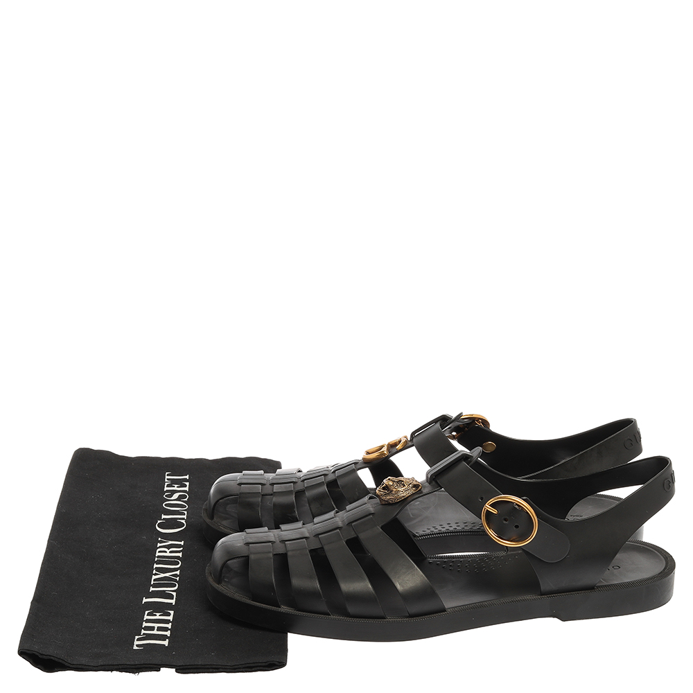 Gucci Black Rubber Marmont and Tiger Embellished Buckle Strap Sandals