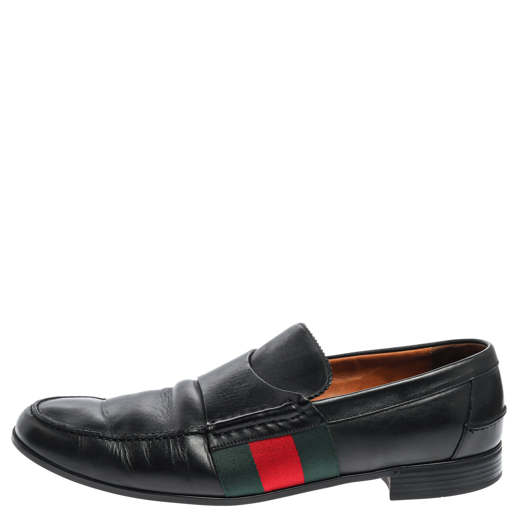 

Gucci Black Leather Web Slip On Loafers Size