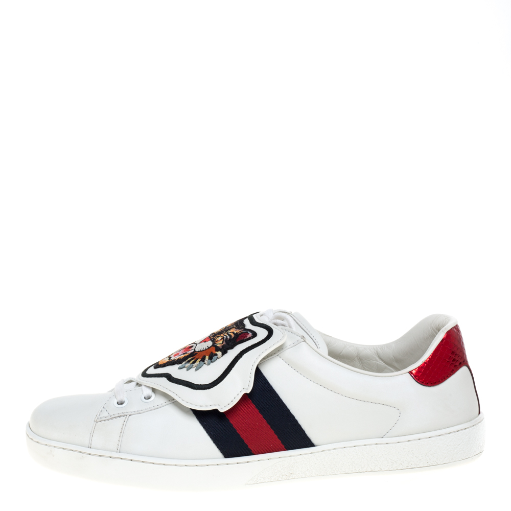 

Gucci White Leather, Python Trim And Web Detail Lion Patch Ace Low Top Sneakers Size