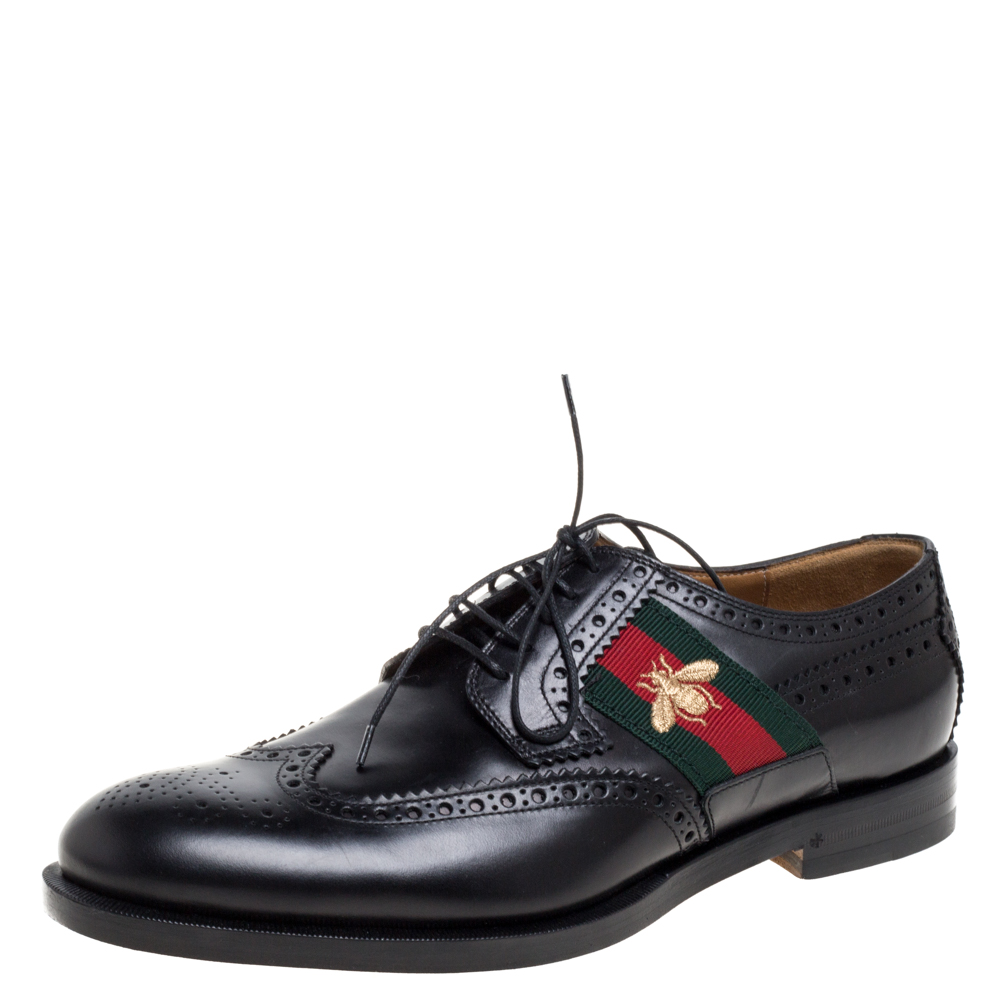 Pre Owned Gucci Black Brogue Leather Bee Web Detail Lace Up Derby Size 42