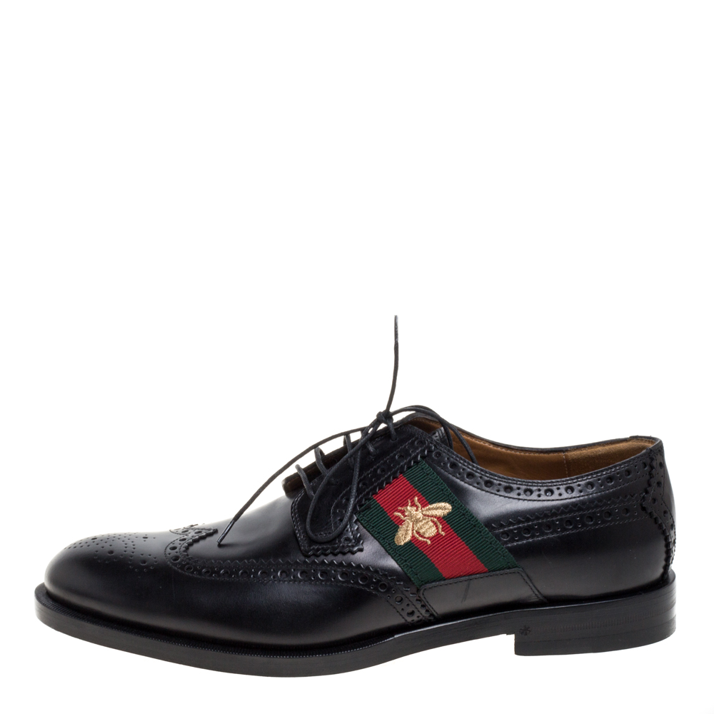 

Gucci Black Brogue Leather Bee Web Detail Lace Up Derby Size