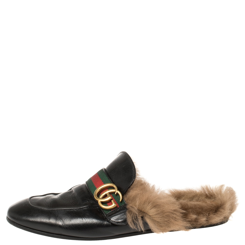 

Gucci Black Leather and Fur Lined GG Web Princetown Mules Size