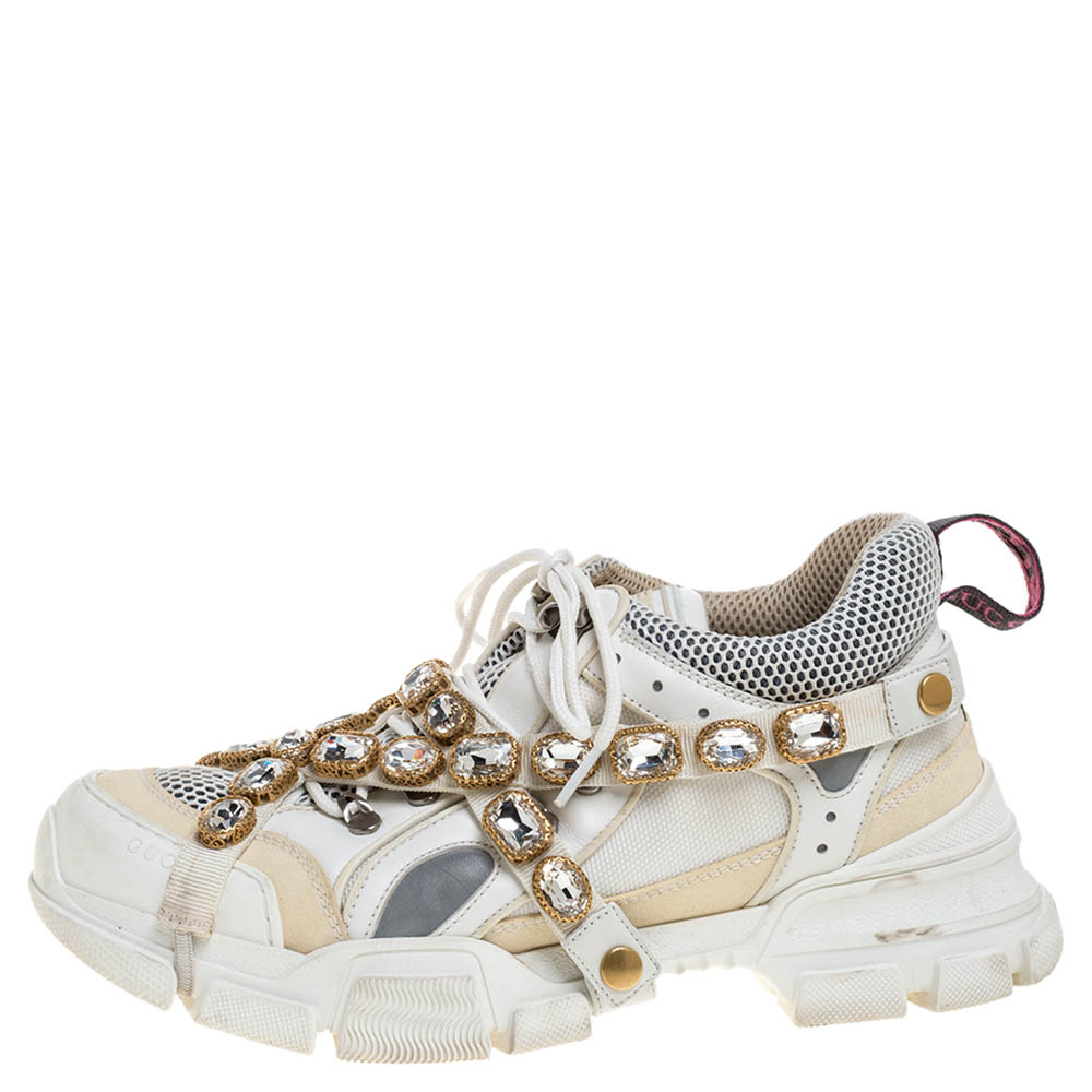 

Gucci White Leather and Mesh Flashtrek Removable Crystals Sneakers Size