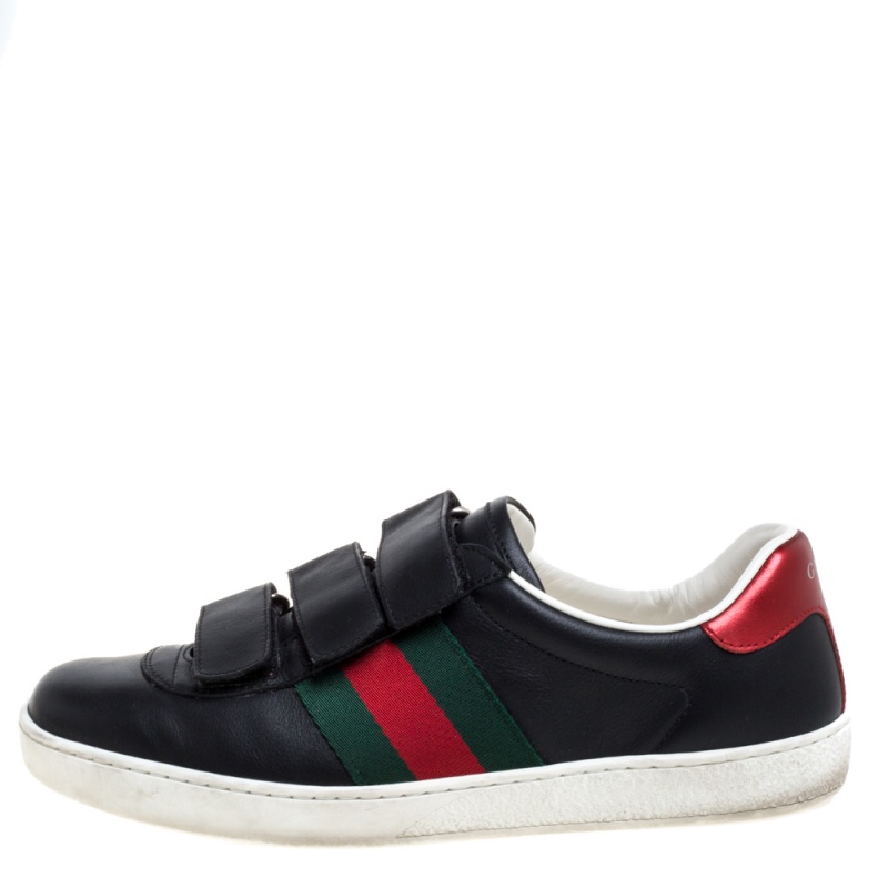 

Gucci Black Leather Web Low Top Velcro Sneakers Size