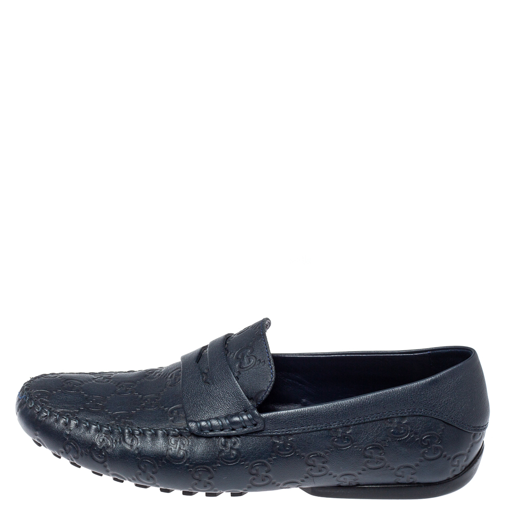 

Gucci Navy Blue Guccissima Leather Penny Slip On Loafers Size