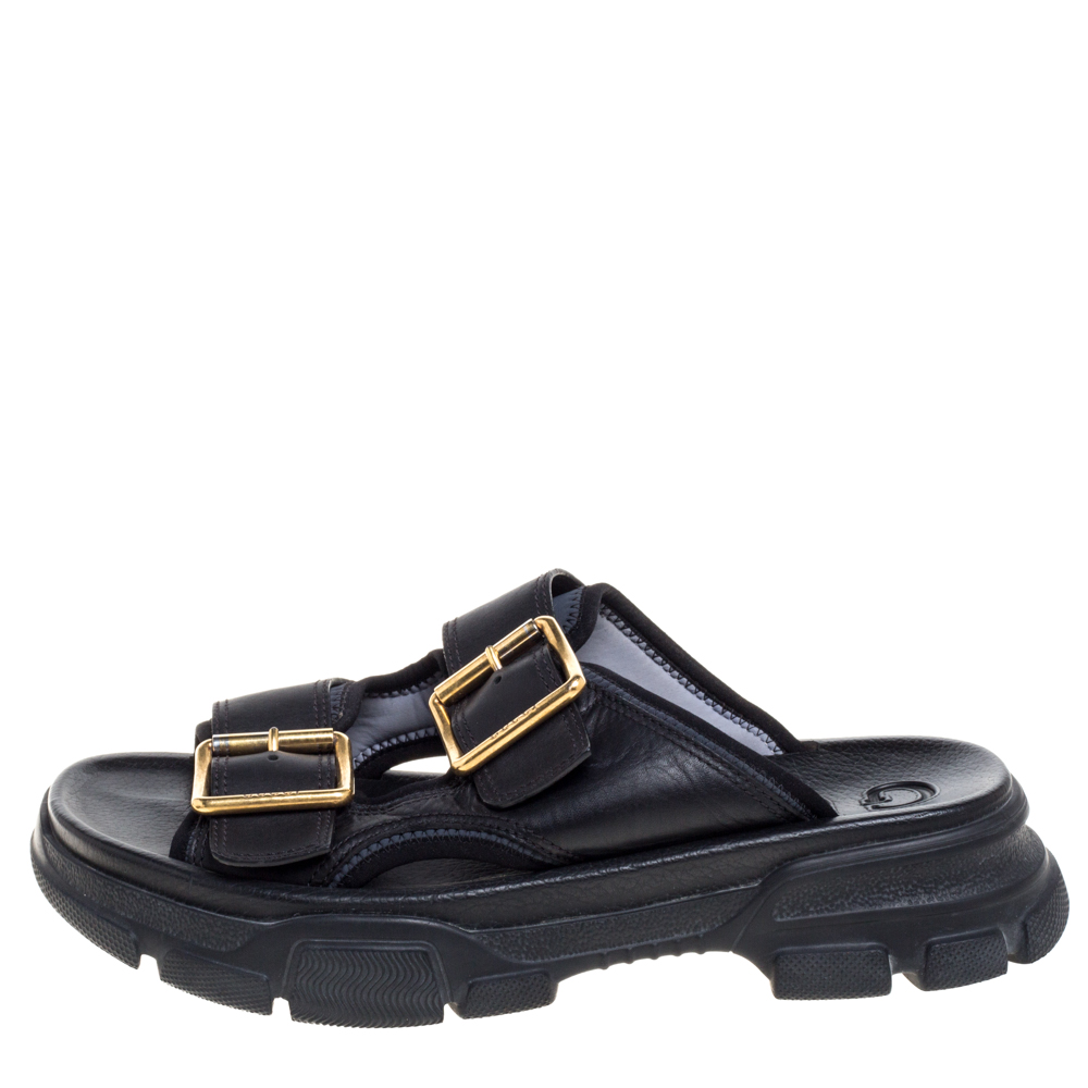 

Gucci Black Leather Aguru Buckle Slide Sandals Size