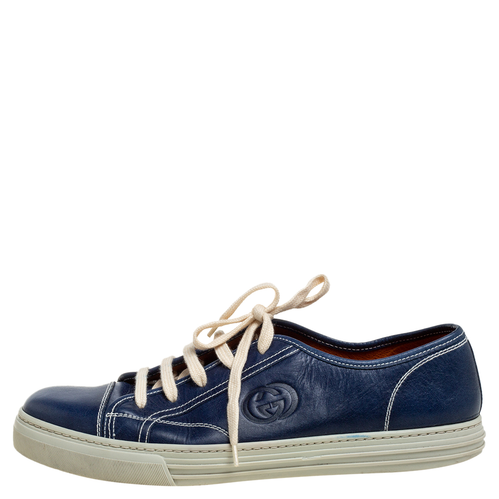 

Gucci Navy Blue Leather Lace Up Low Top Sneakers Size