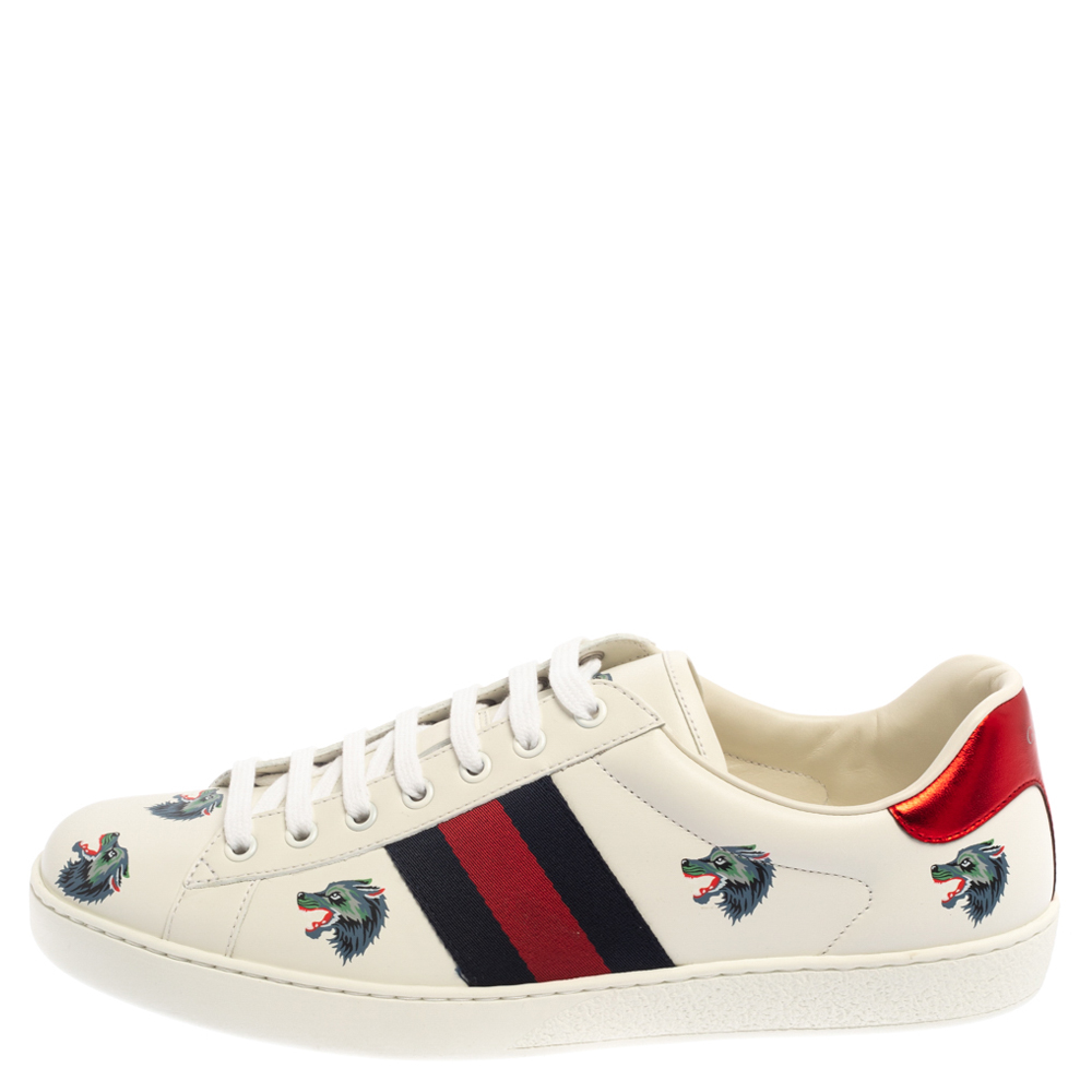 

Gucci White Leather Ace Wolf Low Top Sneakers Size