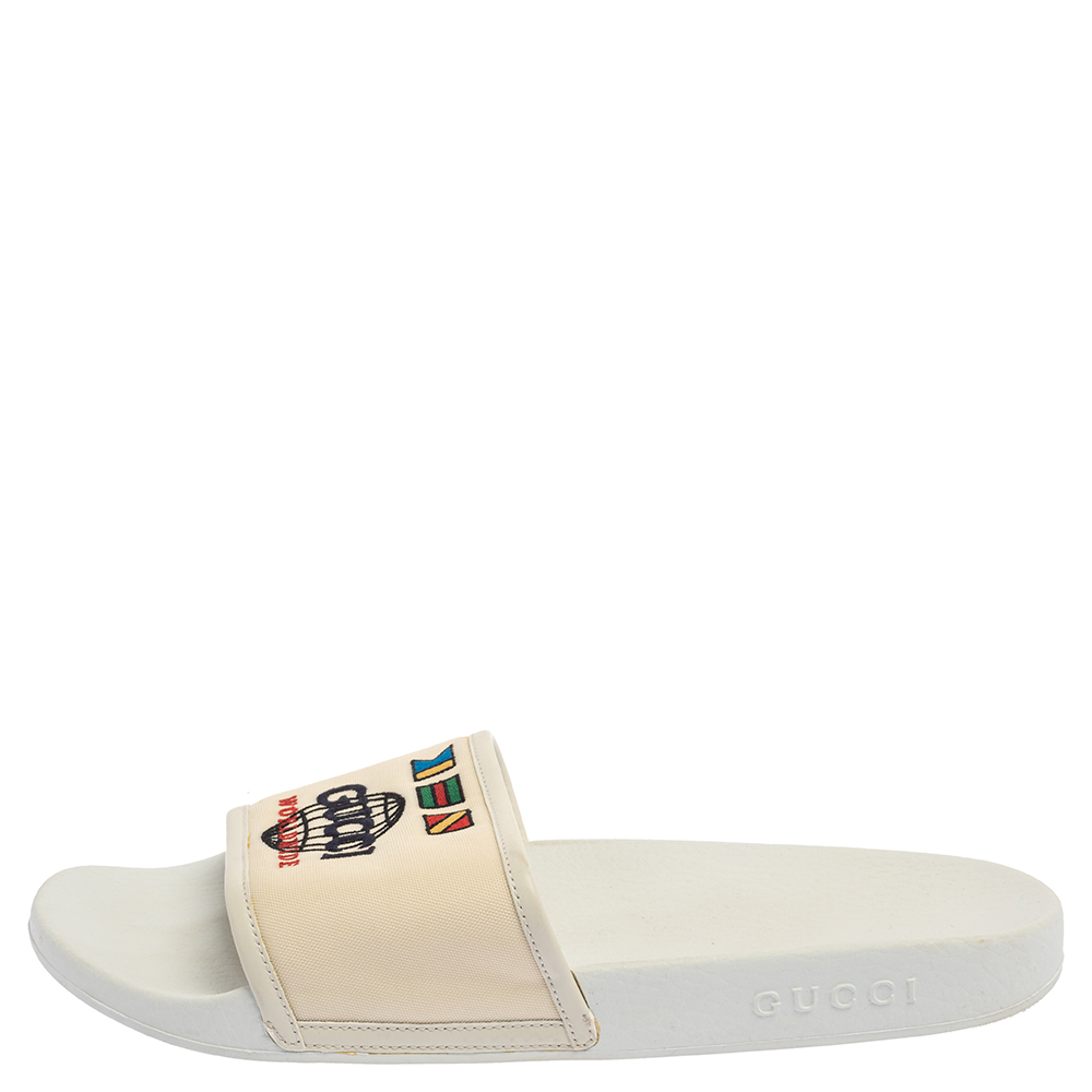 

Gucci White Logo Print Canvas Slip On Slides Size