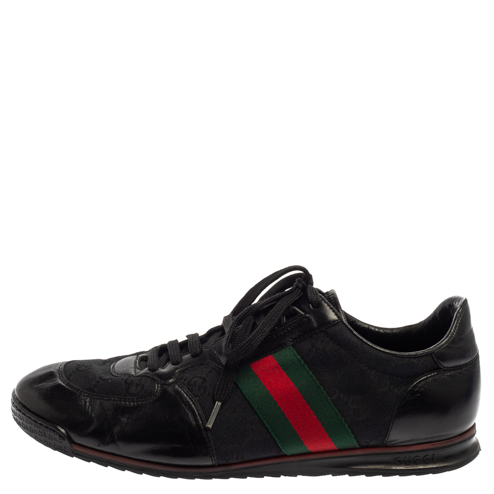 

Gucci Black Leather And Canvas Web Detail Lace Up Sneakers Size, Beige