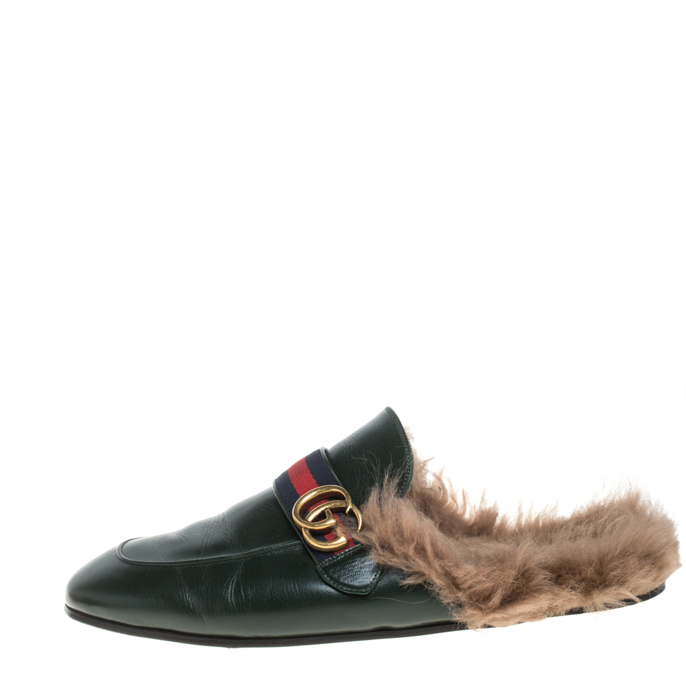 

Gucci Green Leather And Fur Lined Princetown GG Web Mules Size
