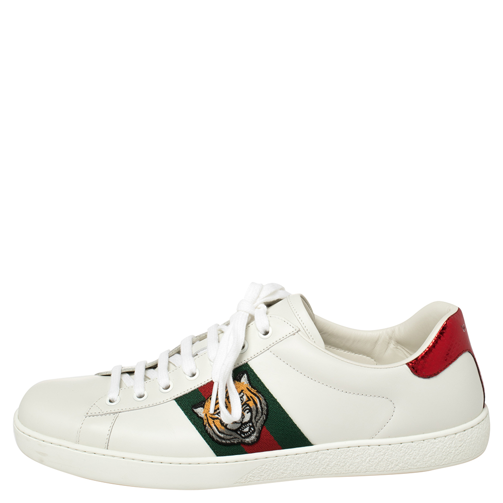 

Gucci White Leather And Canvas Ace Embroided Sneakers Size