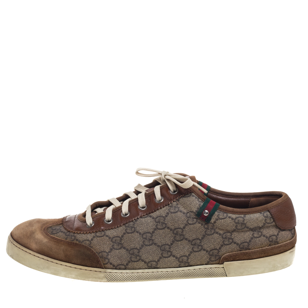 

Gucci Brown/Beige GG Supreme Canvas And Suede Leather Low Top Sneakers Size