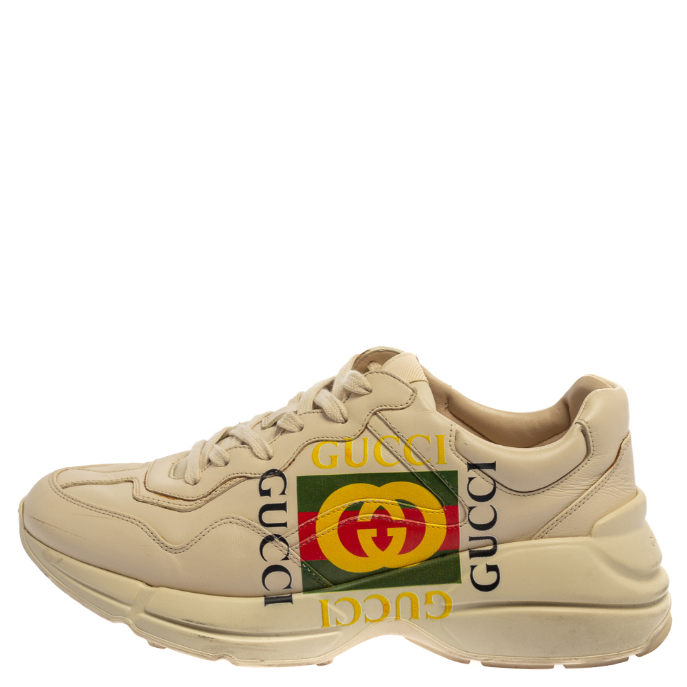 

Gucci Off White Leather Rhyton GG Square Logo Low Top Sneakers Size