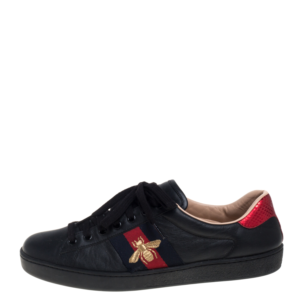 

Gucci Black Leather Ace Web Sneakers Size
