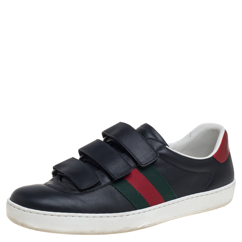 Pre-owned Gucci Black Leather Ace Velcro Sneakers Size 41